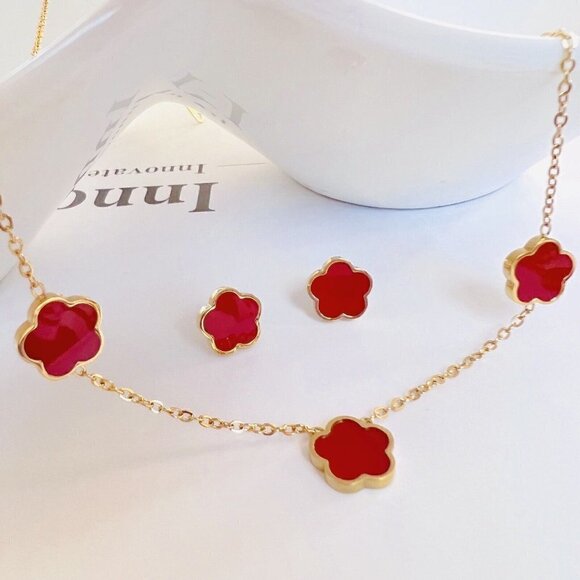 18K Gold Plated RED Clover Necklace 5 Petals stainless steel Womens jewelry - Picture 4 of 10